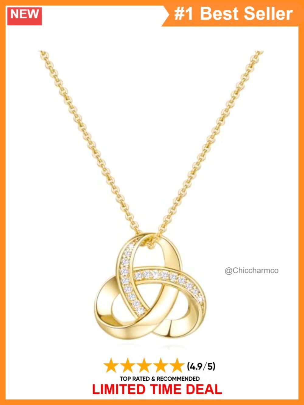 14K Gold Plated Infinity Love Knot Pendant Necklace CZ